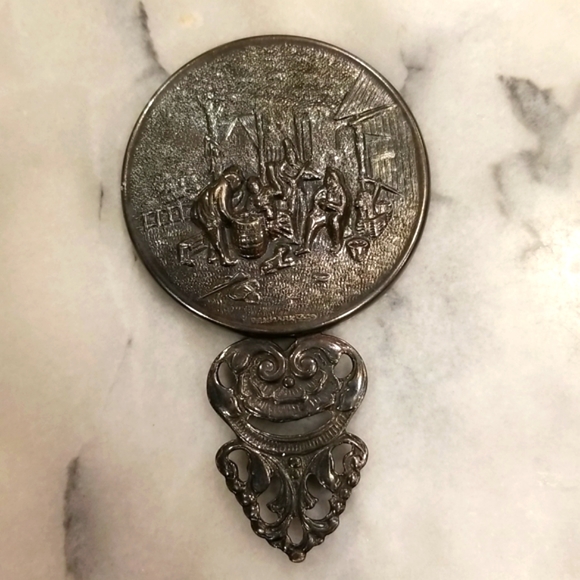 Vintage Hans Jensen silver repousse purse/hand mirror with filigree handle - Picture 1 of 5